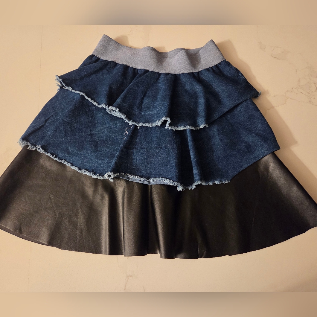 Made In Italy Tiered Mini Denim And Faux Leather Skirt